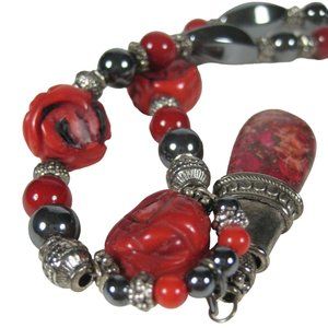 Dyed Red Stone Necklace Beaded 22 inch Strand Pendant Jewelry Hematite Cord Red